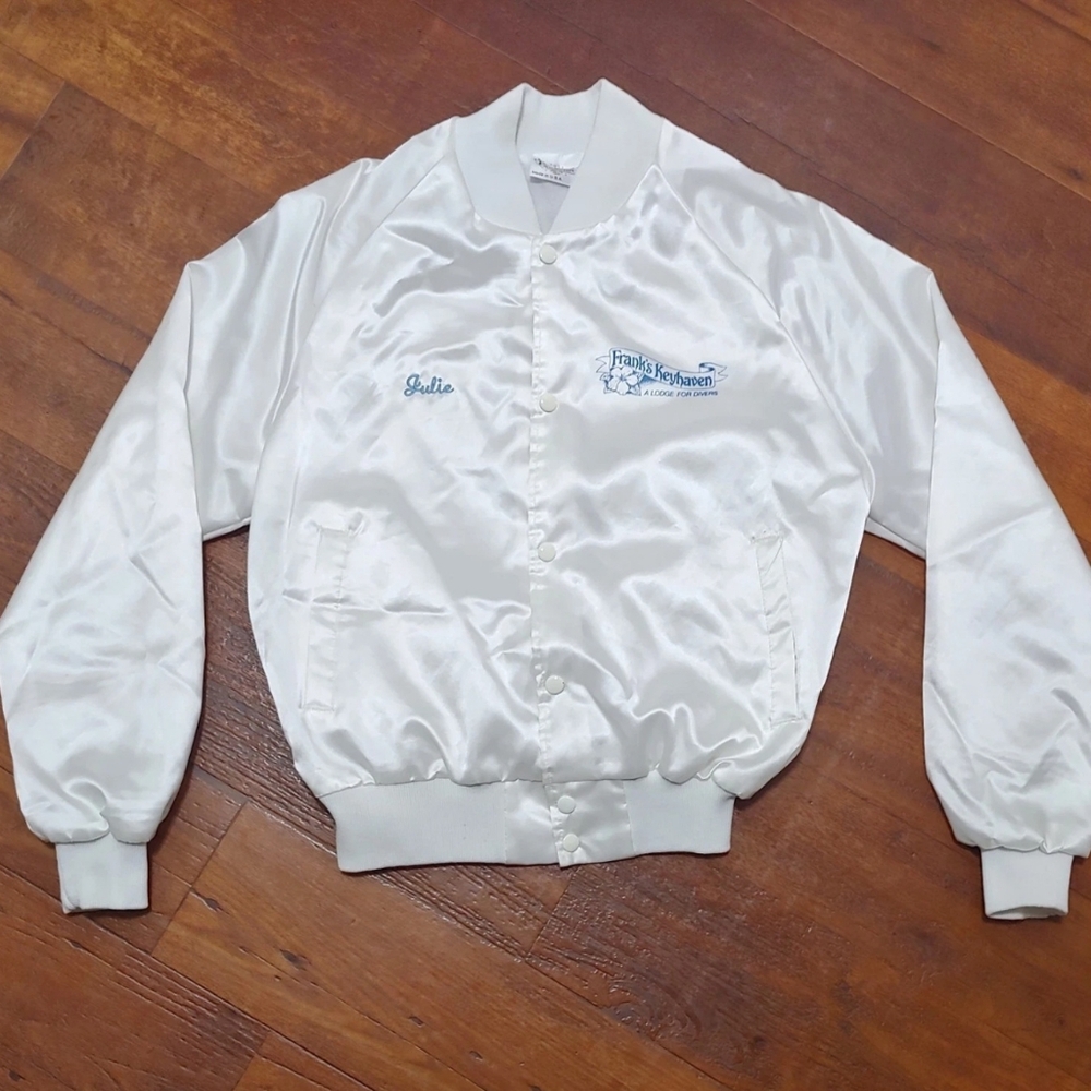 Vintage Auburn Sportswear White Satin Bomber Jacket Franks Keyhaven Diver Lodge